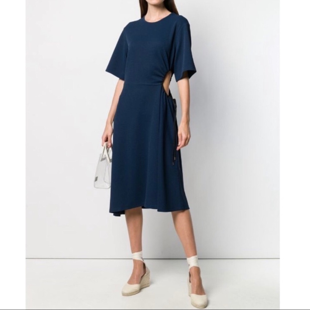 See by Chloe Asymmetrical Short Sleeve Cut Out Midi Tie Cinch Waist Dress Blue